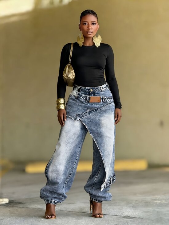 Passion of Essence Denim - Asymmetrical High Rise Wide Leg Baggy Jeans Washed Denim